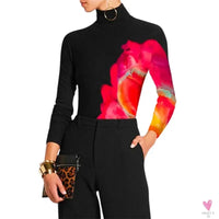 Women's Spring/Autumn Long Sleeve T-Shirts - New Fashion Contrast Color Printed, High Neck Casual Top Sweet T 52