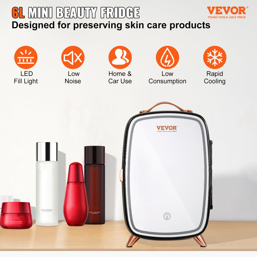 Mini Skincare Fridge, 6L, with LED Mirror