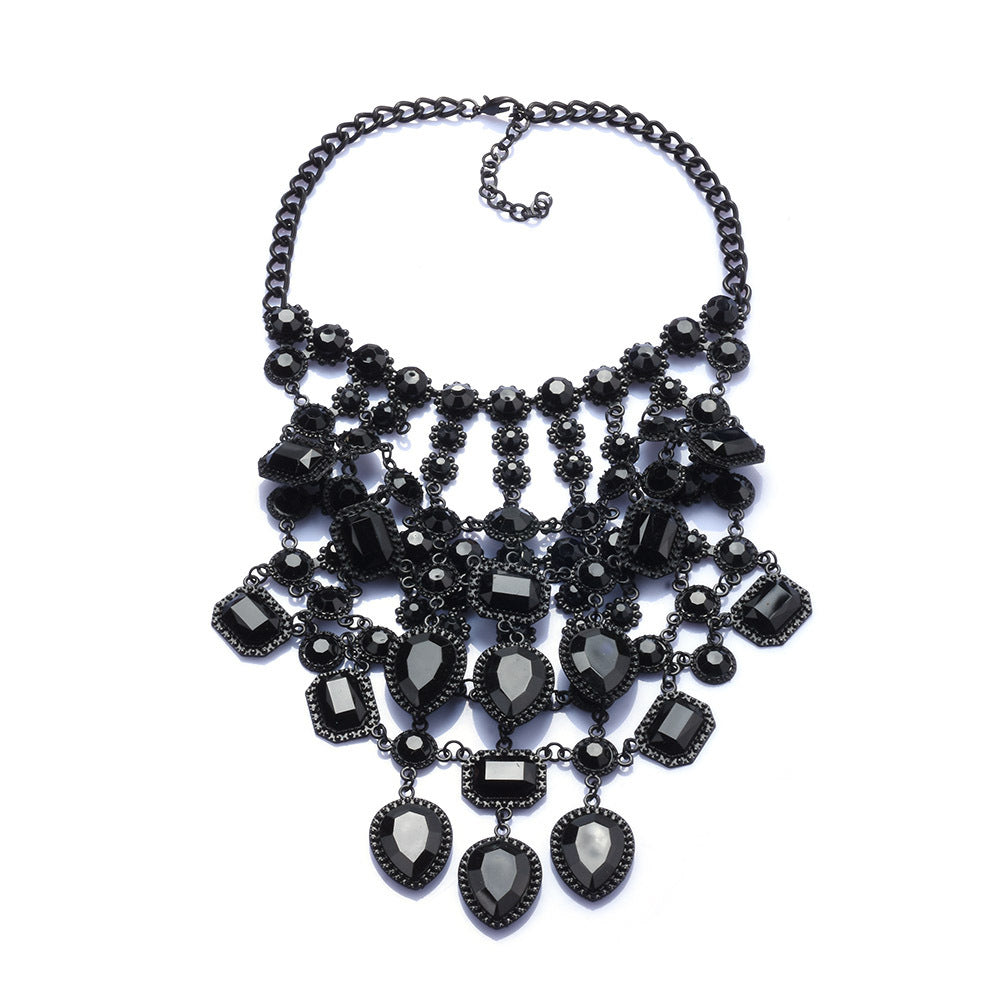 Creative Exaggerating Retro Multi-layer Style Alloy Inlaid Jewel Necklace for Women
