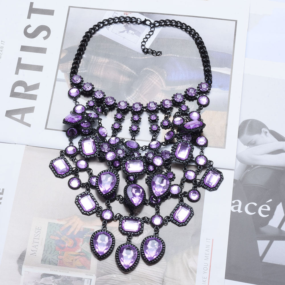 Creative Exaggerating Retro Multi-layer Style Alloy Inlaid Jewel Necklace for Women