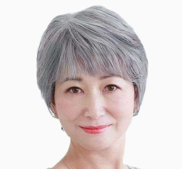 Women's Flower White Short Straight Top - Old Flower White Mixed Human Hair Wigs