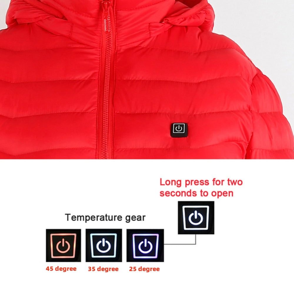 Heated jacket shown with hood attached