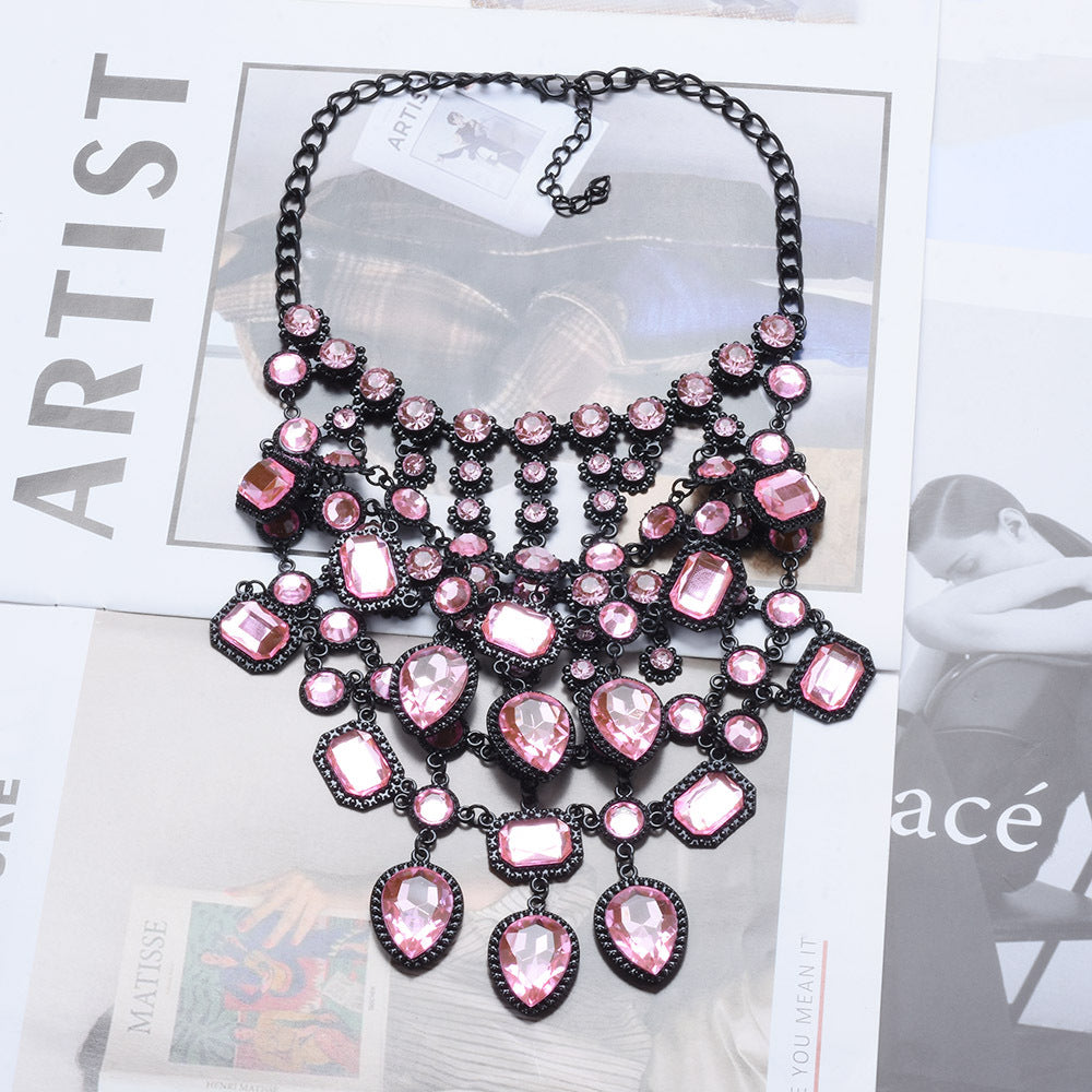 Creative Exaggerating Retro Multi-layer Style Alloy Inlaid Jewel Necklace for Women