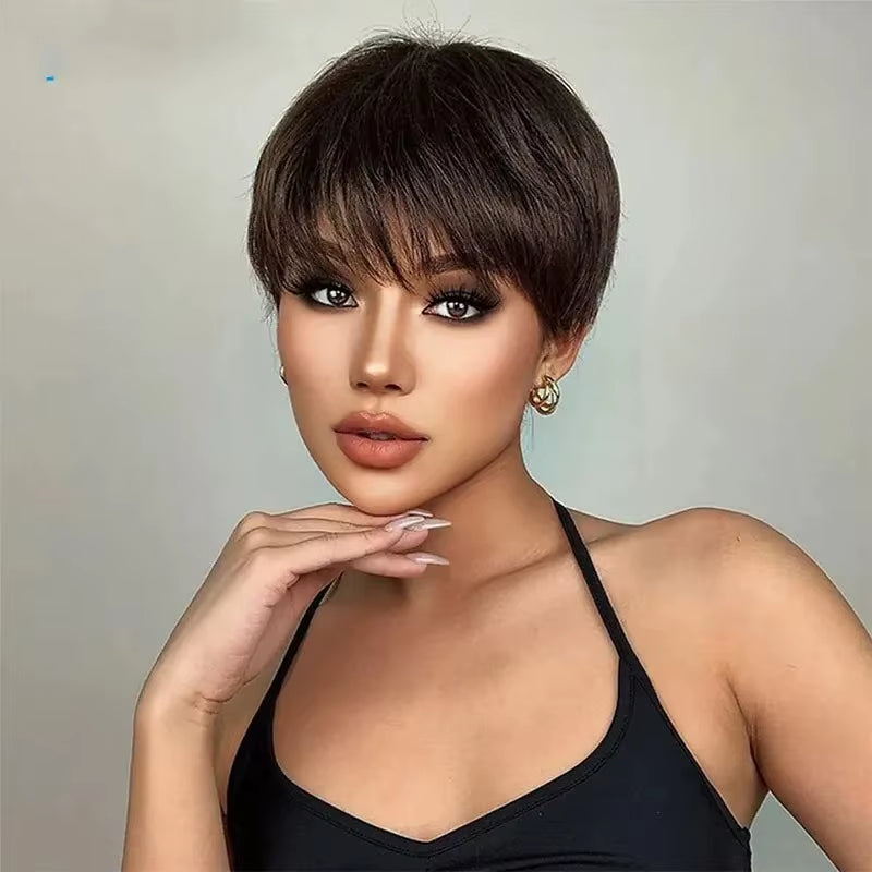 Short Pixie Cut Wig Human Hair Brazilian 100% Human Hair Full Machine Wigs Glueless Pixie Wig with Bangs for Women Natural Black