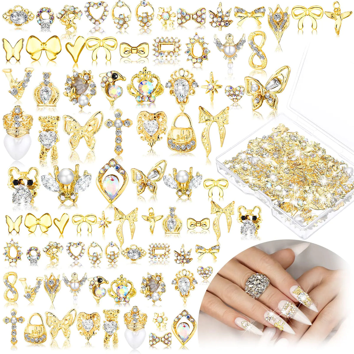 100 Pcs Gold Nail Charms for Acrylic Nails Gold Nail Rhinestones 3D Nail Charms Heart Nail Gems Luxury Decor Diamonds for Nail Art Shiny Nail Stones Beauty Nail Design Crystals for DIY Women Nail