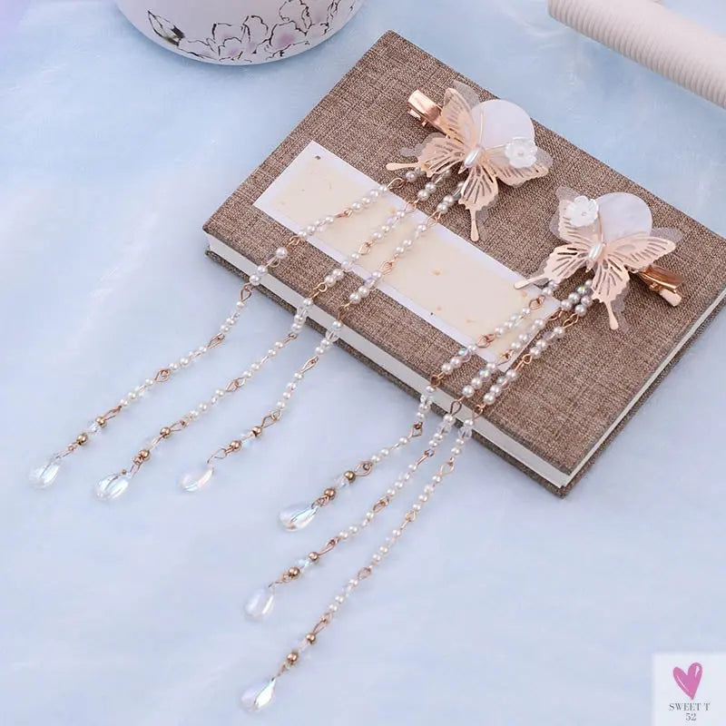 1 Pair Chinese Hanfu Hair Accessories - Red Flower Hairpins for Women & Girls, Vintage Dress Headwear