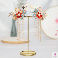 1 Pair Chinese Hanfu Hair Accessories - Red Flower Hairpins for Women & Girls, Vintage Dress Headwear