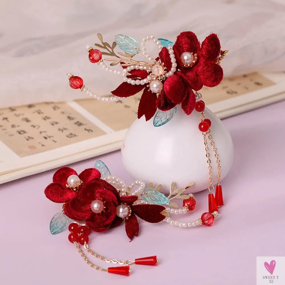 1 Pair Chinese Hanfu Hair Accessories - Red Flower Hairpins for Women & Girls, Vintage Dress Headwear