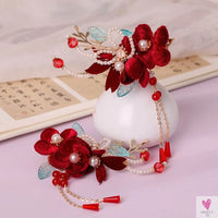 1 Pair Chinese Hanfu Hair Accessories - Red Flower Hairpins for Women & Girls, Vintage Dress Headwear