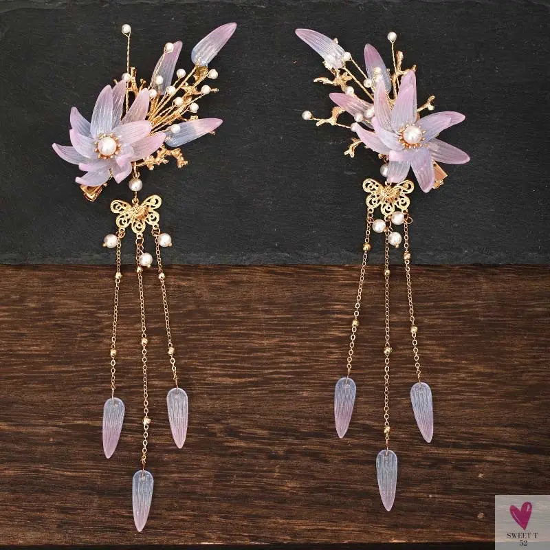 1 Pair Chinese Hanfu Hair Accessories - Red Flower Hairpins for Women & Girls, Vintage Dress Headwear