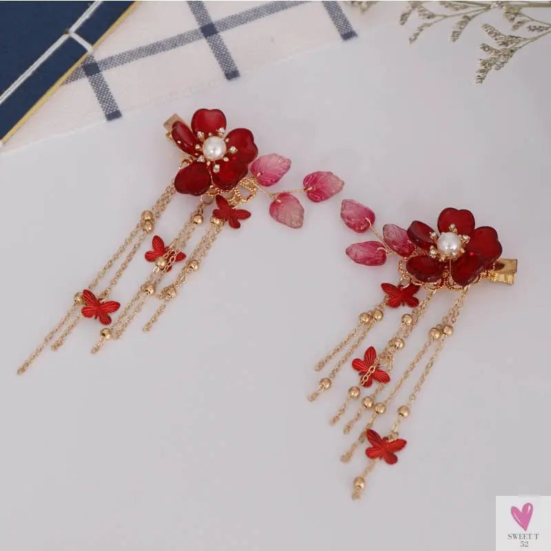 1 Pair Chinese Hanfu Hair Accessories - Red Flower Hairpins for Women & Girls, Vintage Dress Headwear