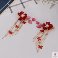 1 Pair Chinese Hanfu Hair Accessories - Red Flower Hairpins for Women & Girls, Vintage Dress Headwear