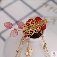 1 Pair Chinese Hanfu Hair Accessories - Red Flower Hairpins for Women & Girls, Vintage Dress Headwear