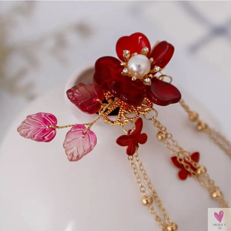 1 Pair Chinese Hanfu Hair Accessories - Red Flower Hairpins for Women & Girls, Vintage Dress Headwear