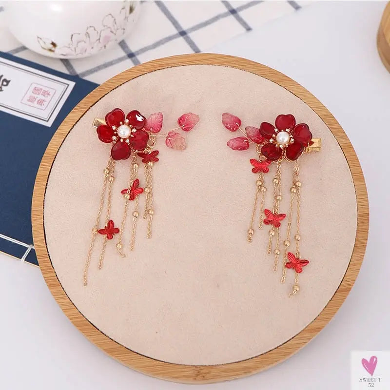 1 Pair Chinese Hanfu Hair Accessories - Red Flower Hairpins for Women & Girls, Vintage Dress Headwear