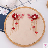 1 Pair Chinese Hanfu Hair Accessories - Red Flower Hairpins for Women & Girls, Vintage Dress Headwear