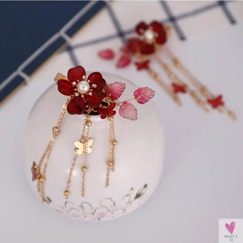 1 Pair Chinese Hanfu Hair Accessories - Red Flower Hairpins for Women & Girls, Vintage Dress Headwear