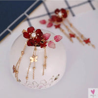 1 Pair Chinese Hanfu Hair Accessories - Red Flower Hairpins for Women & Girls, Vintage Dress Headwear
