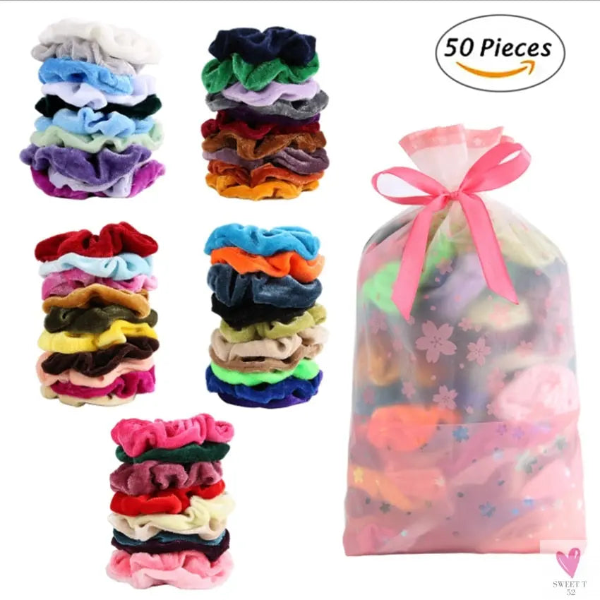 1 to 50 Color Vintage Hair Scrunchies Pack - Stretchy Velvet Scrunchy Elastic Hair Bands for Girls