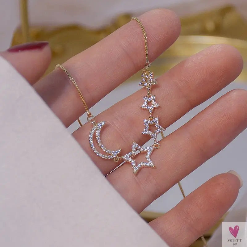 14k Gold Plated Pierced Zircon Star/Moon Necklace for Women and Girls - Shiny Chain Pendant Jewelry