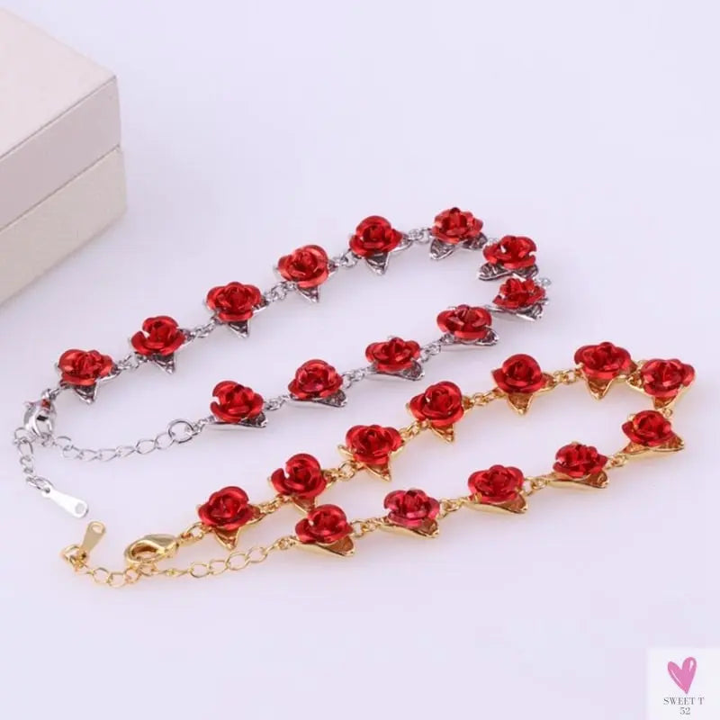 22 cm. Rose Gold Chain Link Romantic Bracelet for Women and Girls - Red Enamel Rose Jewelry - Valentine For Lovers