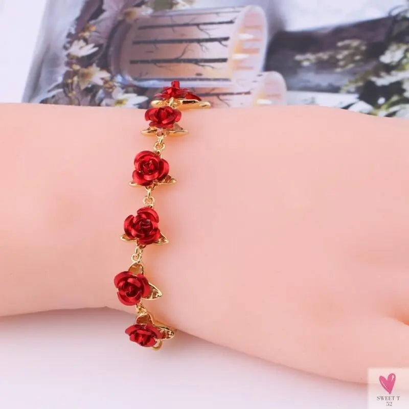 22 cm. Rose Gold Chain Link Romantic Bracelet for Women and Girls - Red Enamel Rose Jewelry - Valentine For Lovers