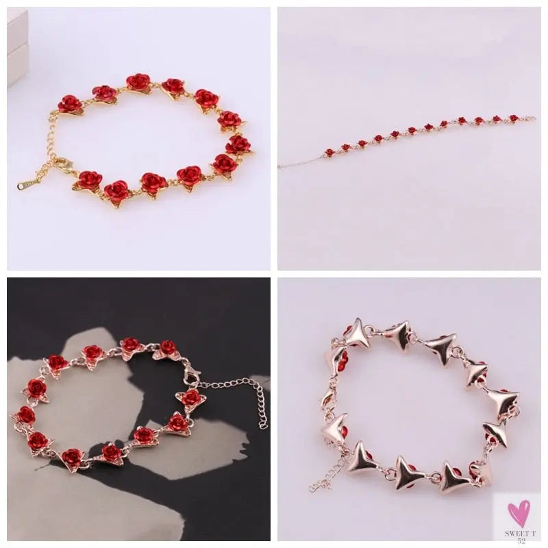 22 cm. Rose Gold Chain Link Romantic Bracelet for Women and Girls - Red Enamel Rose Jewelry - Valentine For Lovers