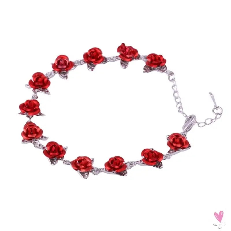 22 cm. Rose Gold Chain Link Romantic Bracelet for Women and Girls - Red Enamel Rose Jewelry - Valentine For Lovers