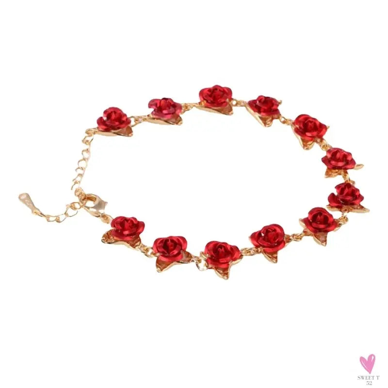 22 cm. Rose Gold Chain Link Romantic Bracelet for Women and Girls - Red Enamel Rose Jewelry - Valentine For Lovers