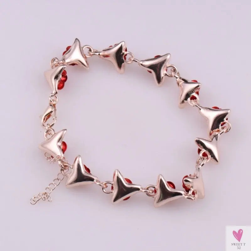 22 cm. Rose Gold Chain Link Romantic Bracelet for Women and Girls - Red Enamel Rose Jewelry - Valentine For Lovers