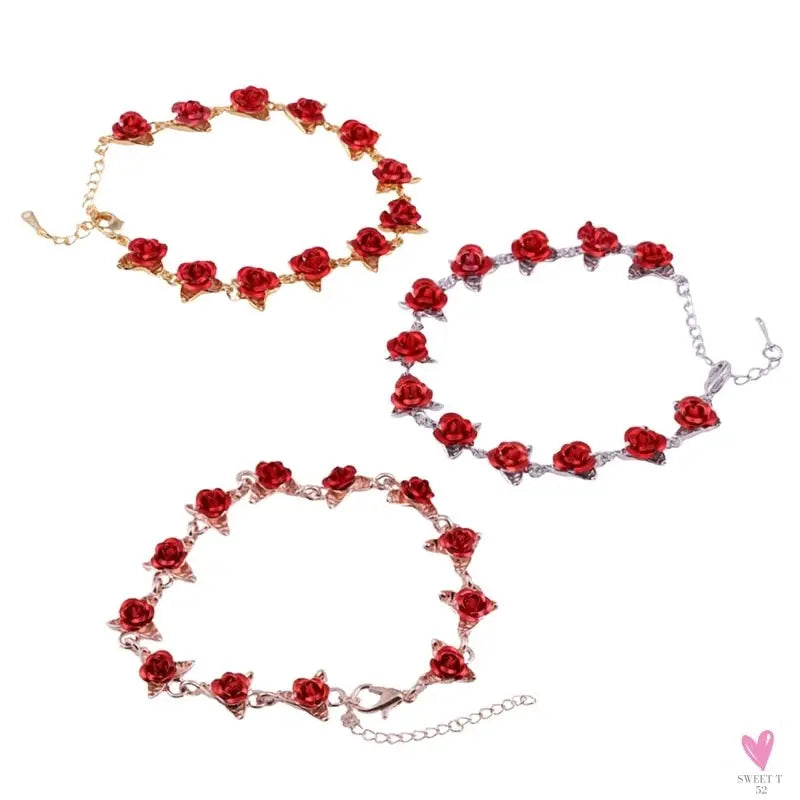 22 cm. Rose Gold Chain Link Romantic Bracelet for Women and Girls - Red Enamel Rose Jewelry - Valentine For Lovers