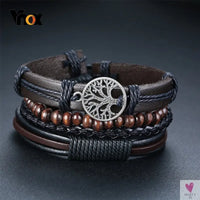4 Pcs Set Braided Wrap Leather Bracelets for Men - Vintage, Life Tree, Rudder Charm, Wood Beads Wrist Wear