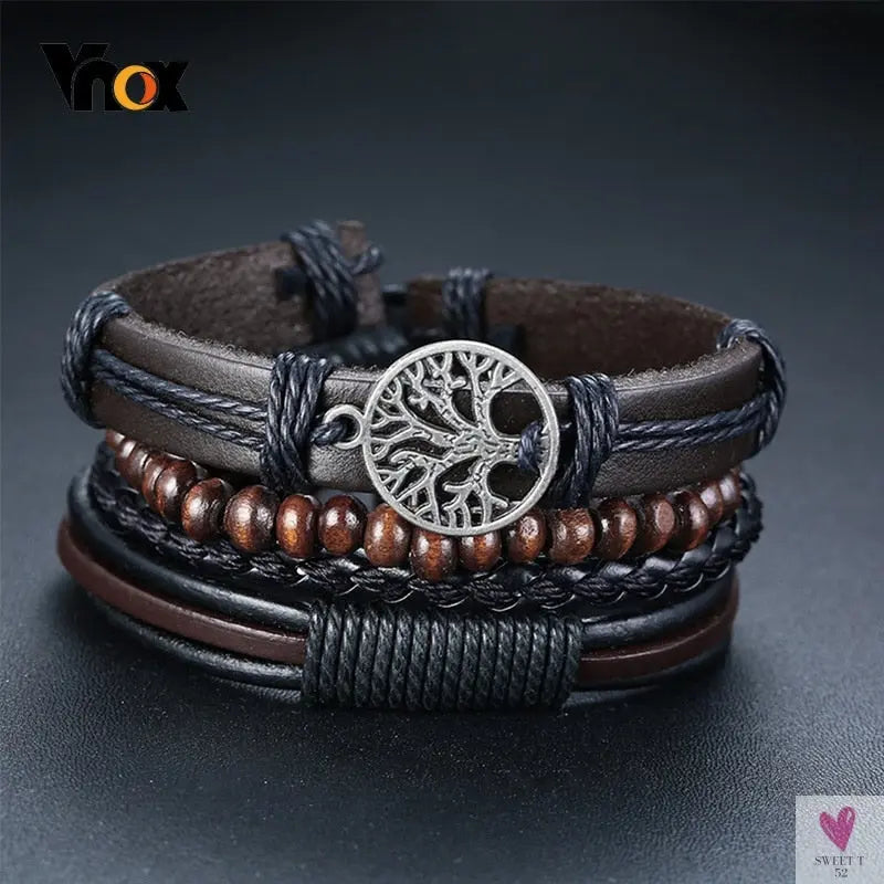 4 Pcs Set Braided Wrap Leather Bracelets for Men - Vintage, Life Tree, Rudder Charm, Wood Beads Wrist Wear