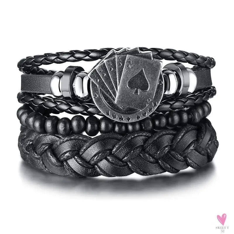 4 Pcs Set Braided Wrap Leather Bracelets for Men - Vintage, Life Tree, Rudder Charm, Wood Beads Wrist Wear