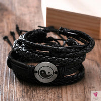 4 Pcs Set Braided Wrap Leather Bracelets for Men - Vintage, Life Tree, Rudder Charm, Wood Beads Wrist Wear