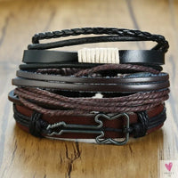 4 Pcs Set Braided Wrap Leather Bracelets for Men - Vintage, Life Tree, Rudder Charm, Wood Beads Wrist Wear