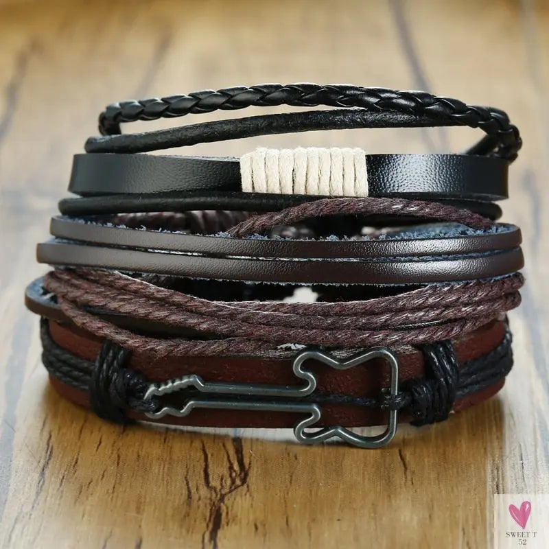 4 Pcs Set Braided Wrap Leather Bracelets for Men - Vintage, Life Tree, Rudder Charm, Wood Beads Wrist Wear