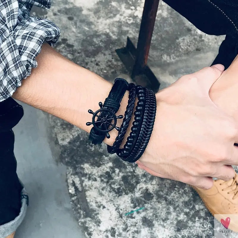 4 Pcs Set Braided Wrap Leather Bracelets for Men - Vintage, Life Tree, Rudder Charm, Wood Beads Wrist Wear