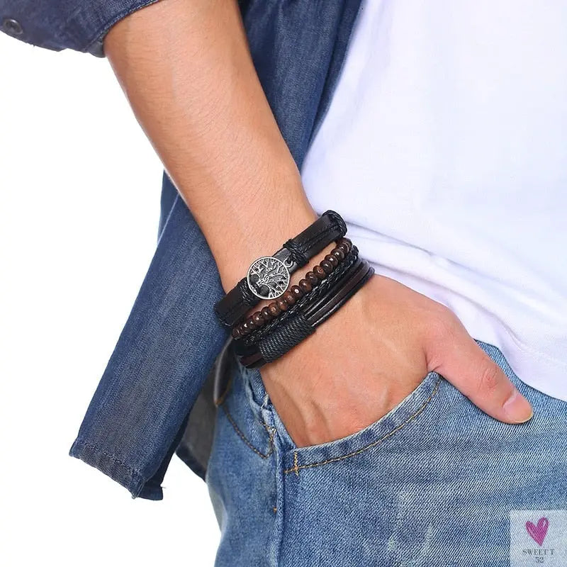 4 Pcs Set Braided Wrap Leather Bracelets for Men - Vintage, Life Tree, Rudder Charm, Wood Beads Wrist Wear