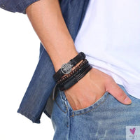 4 Pcs Set Braided Wrap Leather Bracelets for Men - Vintage, Life Tree, Rudder Charm, Wood Beads Wrist Wear