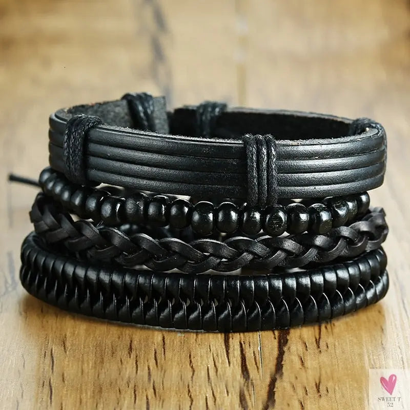 4 Pcs Set Braided Wrap Leather Bracelets for Men - Vintage, Life Tree, Rudder Charm, Wood Beads Wrist Wear