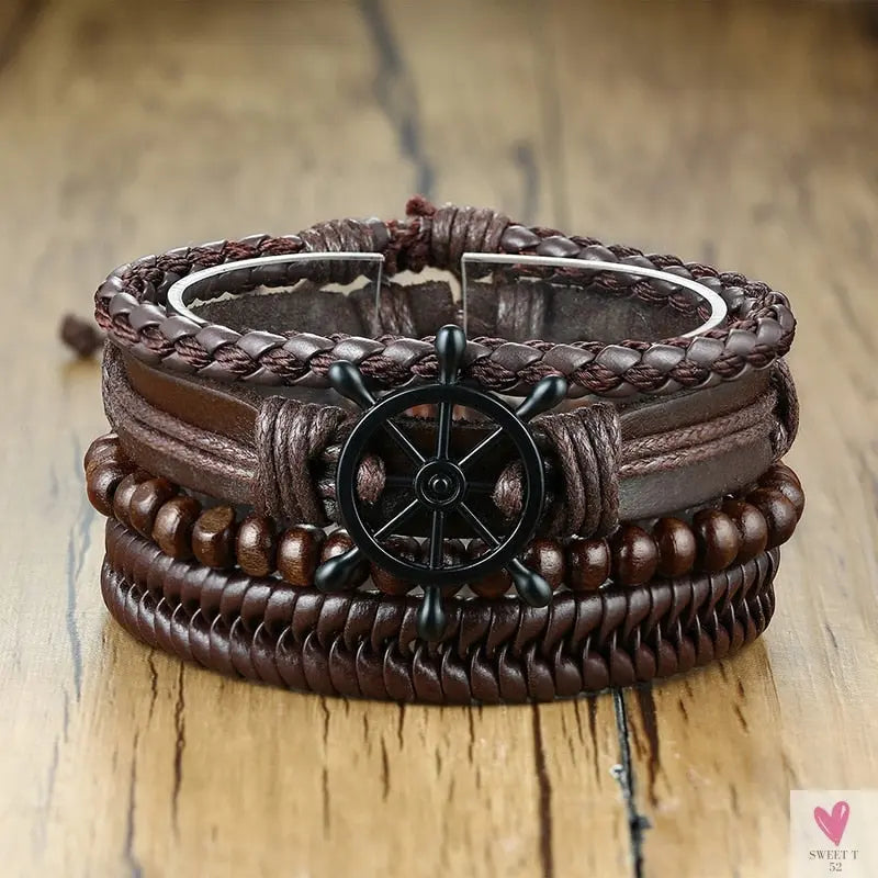 4 Pcs Set Braided Wrap Leather Bracelets for Men - Vintage, Life Tree, Rudder Charm, Wood Beads Wrist Wear