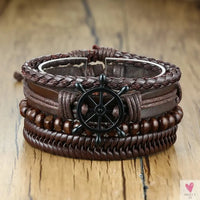 4 Pcs Set Braided Wrap Leather Bracelets for Men - Vintage, Life Tree, Rudder Charm, Wood Beads Wrist Wear