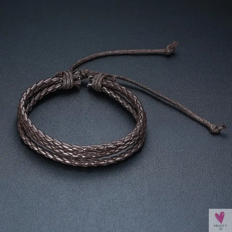 4 Pcs Set Braided Wrap Leather Bracelets for Men - Vintage, Life Tree, Rudder Charm, Wood Beads Wrist Wear