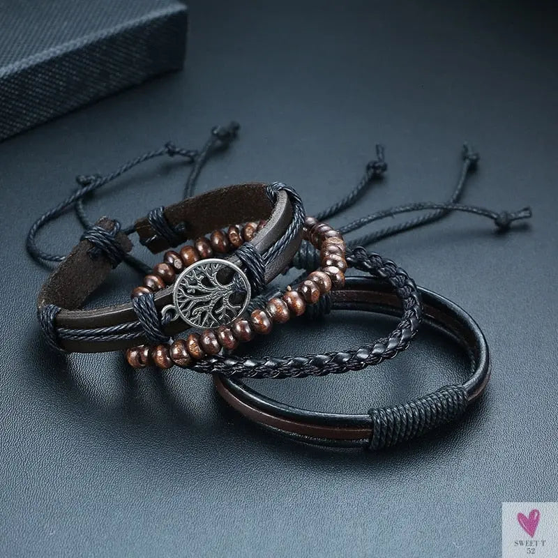 4 Pcs Set Braided Wrap Leather Bracelets for Men - Vintage, Life Tree, Rudder Charm, Wood Beads Wrist Wear