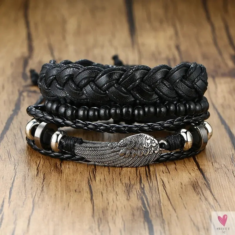 4 Pcs Set Braided Wrap Leather Bracelets for Men - Vintage, Life Tree, Rudder Charm, Wood Beads Wrist Wear