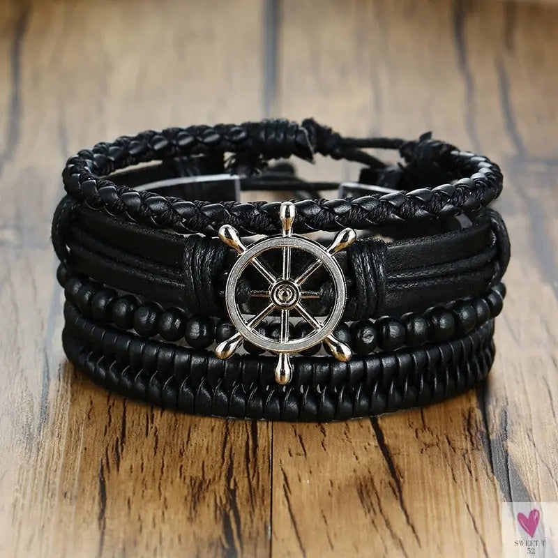 4 Pcs Set Braided Wrap Leather Bracelets for Men - Vintage, Life Tree, Rudder Charm, Wood Beads Wrist Wear