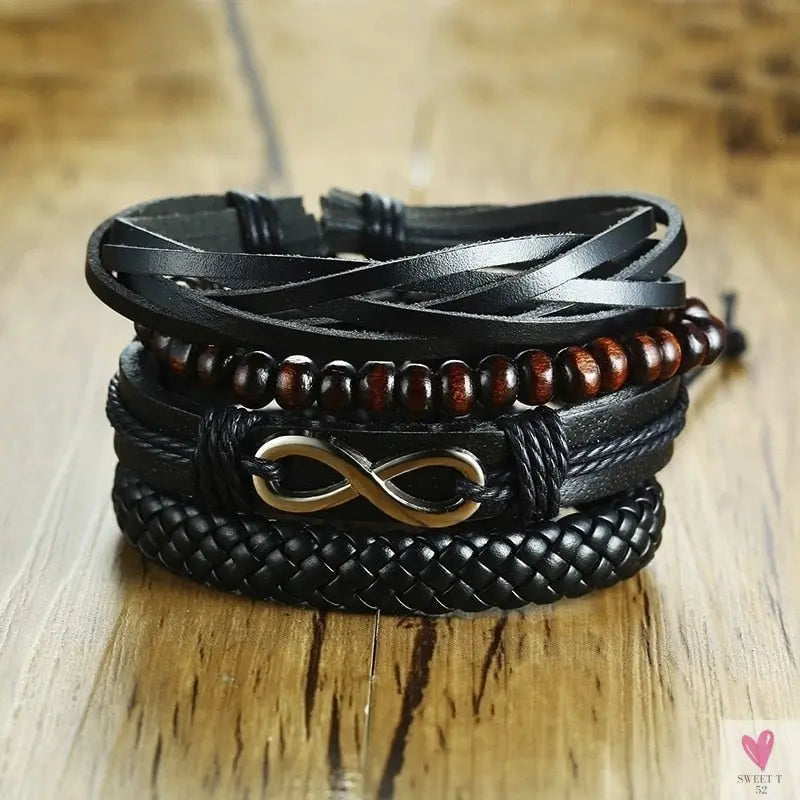 4 Pcs Set Braided Wrap Leather Bracelets for Men - Vintage, Life Tree, Rudder Charm, Wood Beads Wrist Wear