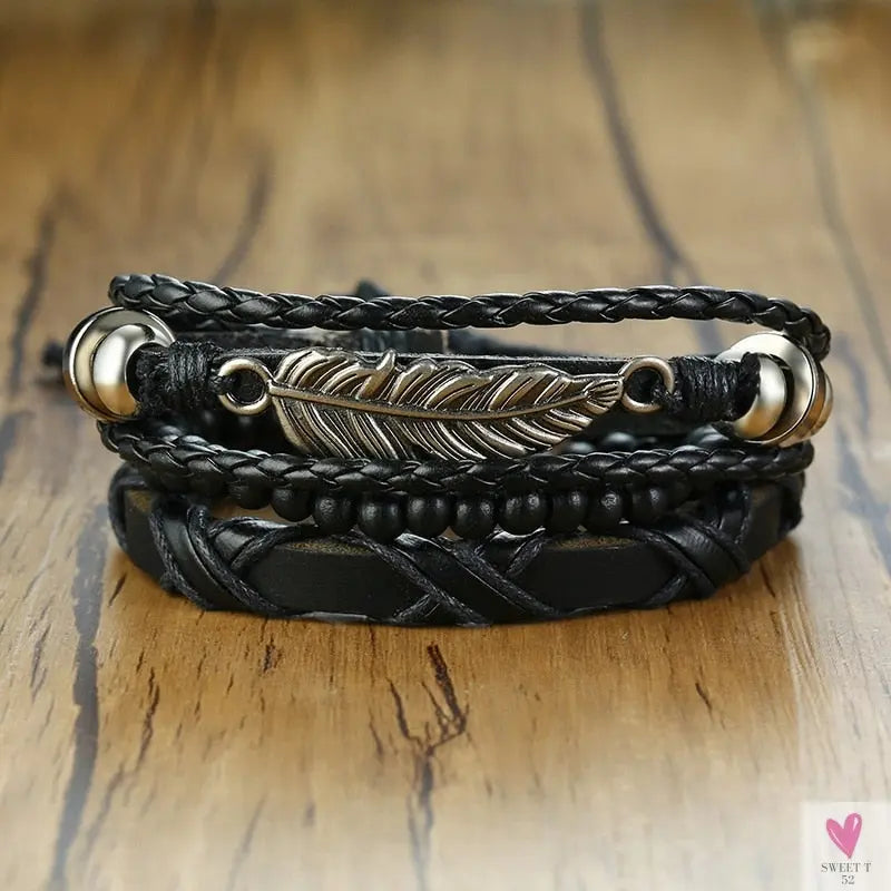 4 Pcs Set Braided Wrap Leather Bracelets for Men - Vintage, Life Tree, Rudder Charm, Wood Beads Wrist Wear