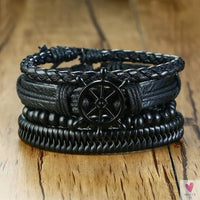 4 Pcs Set Braided Wrap Leather Bracelets for Men - Vintage, Life Tree, Rudder Charm, Wood Beads Wrist Wear